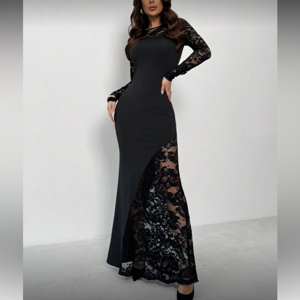 Elegant Black Lace Long Sleeve Dress - Picture 9 of 10